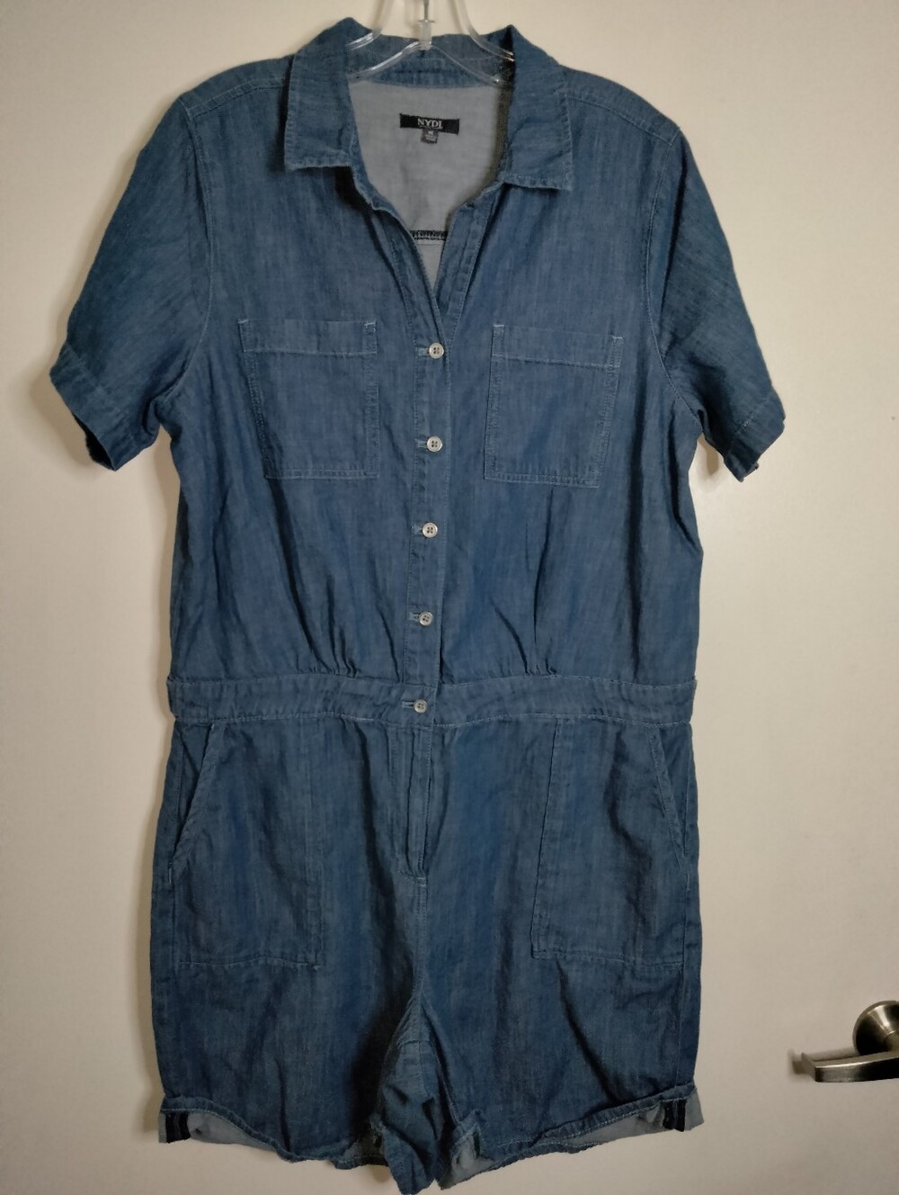 NYDJ (Sz M) Blue Chambray Denim V-Neck Button Down Front Slip Pockets SS Romper